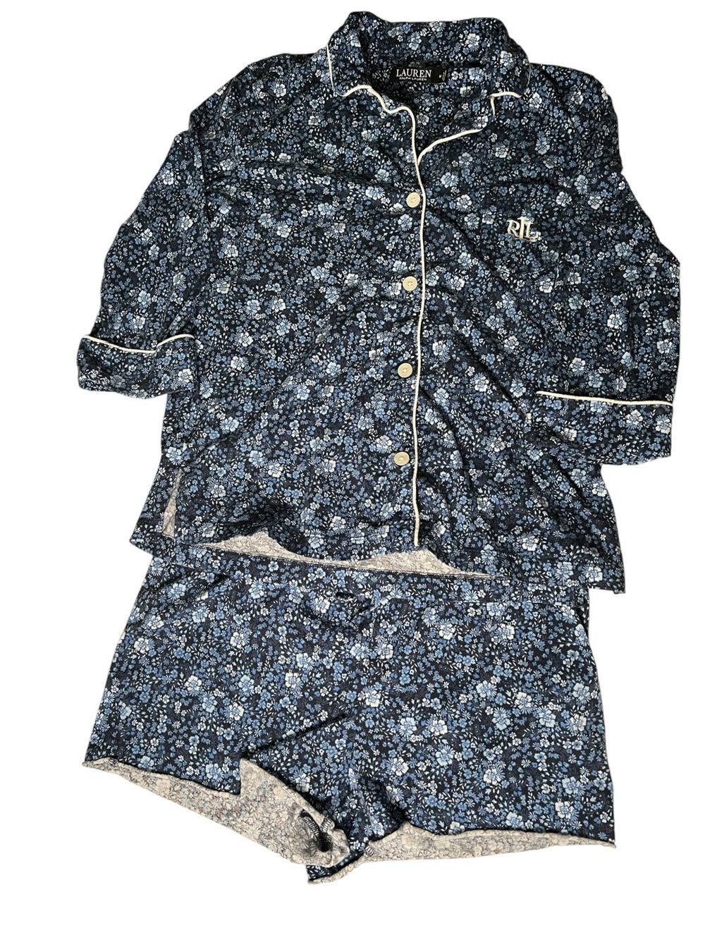 Lauren Ralph Lauren Blue Floral Button Up Short Pajama set Size Medium